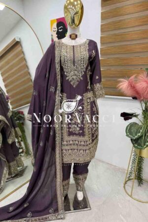 Shop Chinon Silk Embroidered Partywear Top with Pant and Dupatta