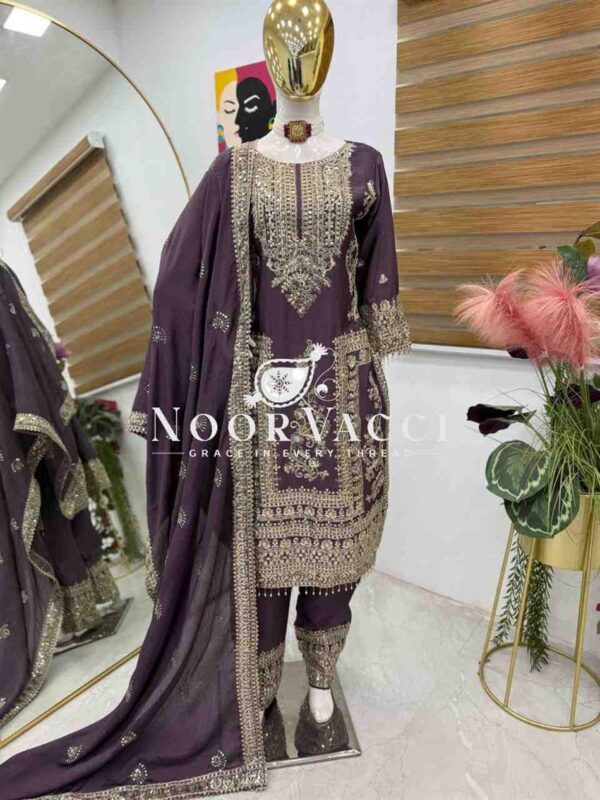 Shop Chinon Silk Embroidered Partywear Top with Pant and Dupatta