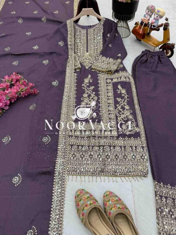 Shop Chinon Silk Embroidered Partywear Top with Pant and Dupatta - Image 5