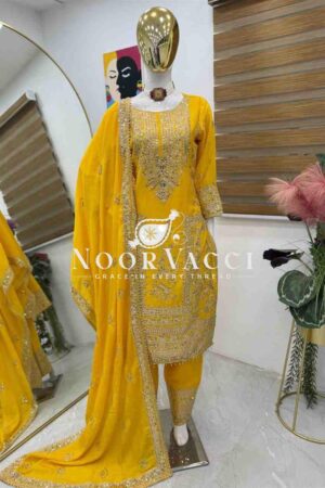 Buy Chinon Silk Embroidered Partywear Top with Pant and Dupatta