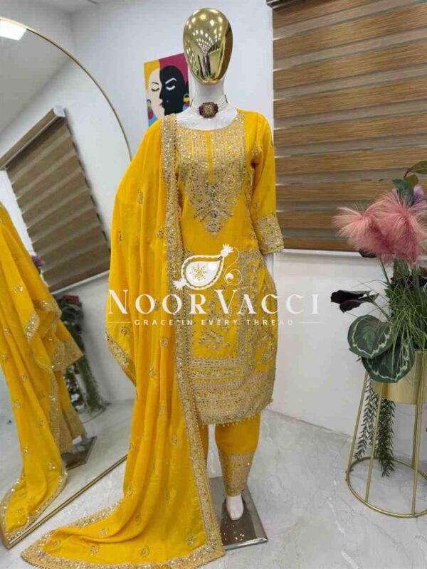 Buy Chinon Silk Embroidered Partywear Top with Pant and Dupatta