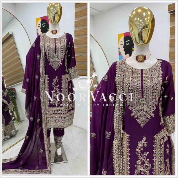 Buy Chinon Silk Embroidered Partywear Top with Pant and Dupatta - Image 2
