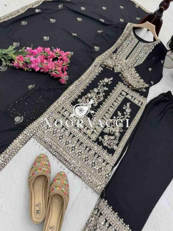 Shop Chinon Silk Embroidered Partywear Top with Pant and Dupatta - Image 5