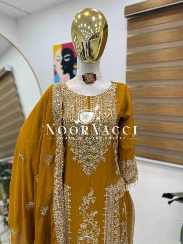 Shop Chinon Silk Embroidered Partywear Top with Pant and Dupatta - Image 3