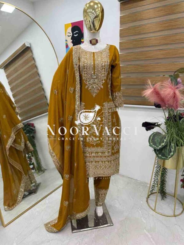 Shop Chinon Silk Embroidered Partywear Top with Pant and Dupatta - Image 4