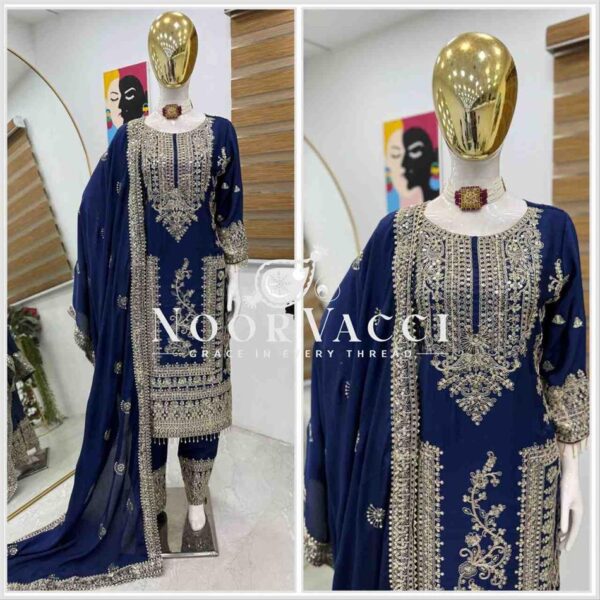 Buy Chinon Silk Embroidered Partywear Top with Pant and Dupatta - Image 2