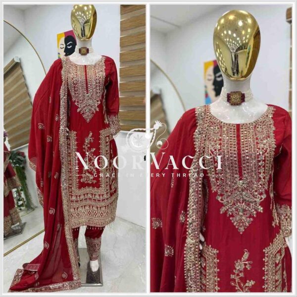 Shop Chinon Silk Embroidered Partywear Top with Pant and Dupatta - Image 2