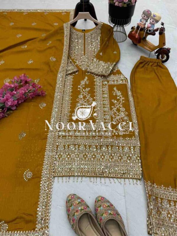 Shop Chinon Silk Embroidered Partywear Top with Pant and Dupatta - Image 5