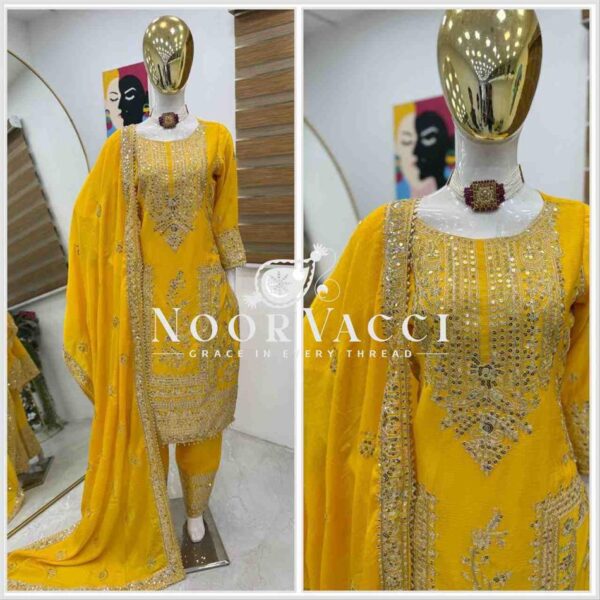 Buy Chinon Silk Embroidered Partywear Top with Pant and Dupatta - Image 3