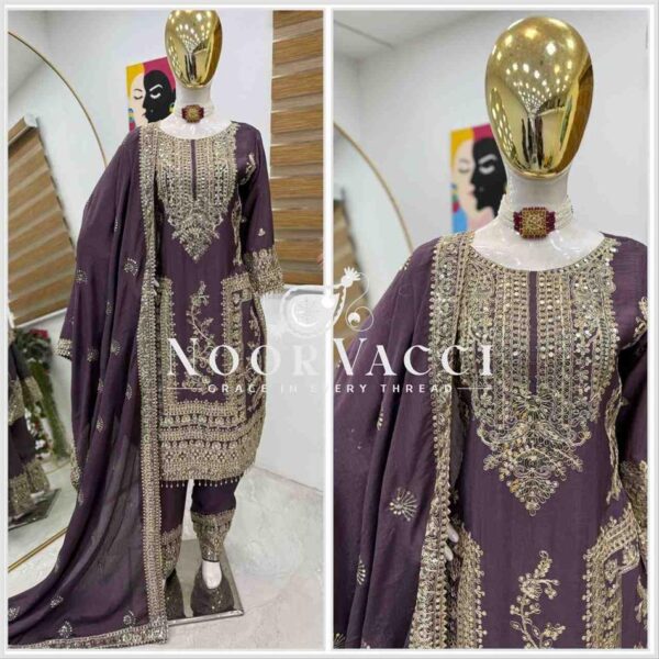 Shop Chinon Silk Embroidered Partywear Top with Pant and Dupatta - Image 2