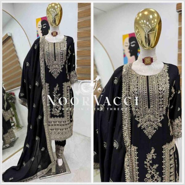 Shop Chinon Silk Embroidered Partywear Top with Pant and Dupatta - Image 2