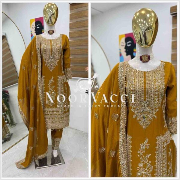 Shop Chinon Silk Embroidered Partywear Top with Pant and Dupatta - Image 2