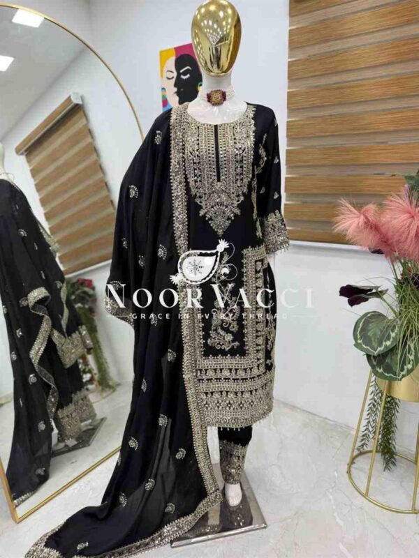 Shop Chinon Silk Embroidered Partywear Top with Pant and Dupatta - Image 3