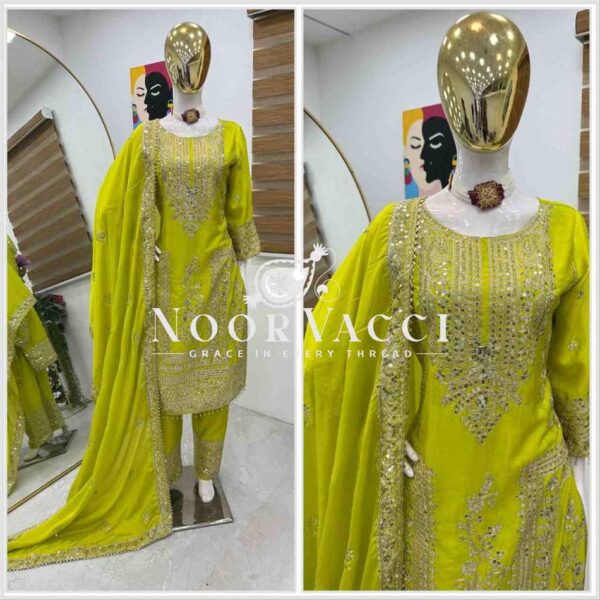 Shop Chinon Silk Embroidered Partywear Top with Pant and Dupatta - Image 2