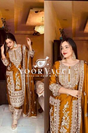 Shop Chinon Silk Embroidered Partywear Top with Pant and Dupatta