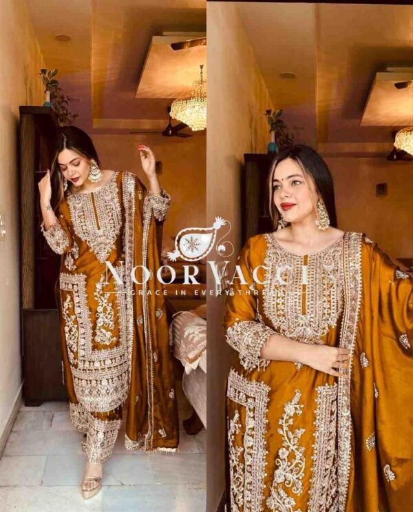 Shop Chinon Silk Embroidered Partywear Top with Pant and Dupatta