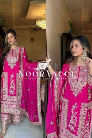 Buy Chinon Silk Embroidered Partywear Top with Pant and Dupatta