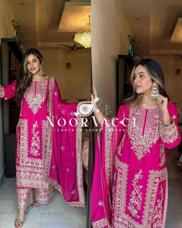 Buy Chinon Silk Embroidered Partywear Top with Pant and Dupatta