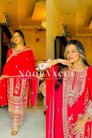 Shop Chinon Silk Embroidered Partywear Top with Pant and Dupatta