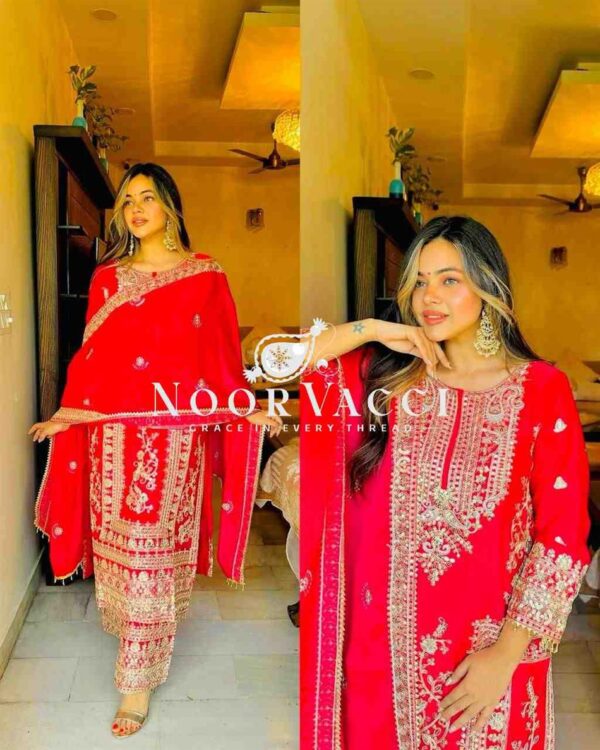 Shop Chinon Silk Embroidered Partywear Top with Pant and Dupatta