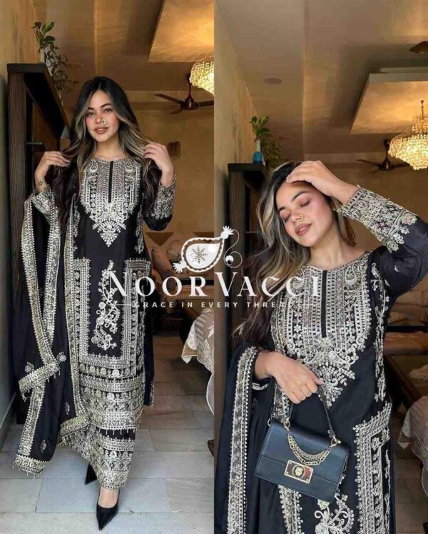 Shop Chinon Silk Embroidered Partywear Top with Pant and Dupatta
