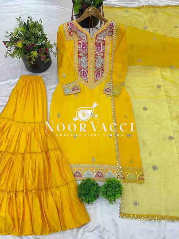 Chinon Silk Embroidered Top-Gharara Set with Tissue Dupatta - Image 3