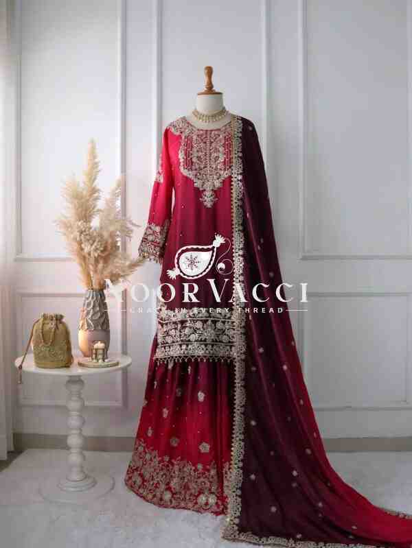 Pure Chinnon Silk Embroidered Coding Dori-Sequence Work Top-Plazzo-Dupatta Set – Fully Stitched - Image 2