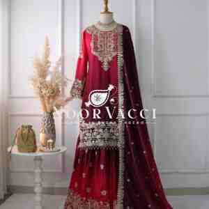 Pure Chinnon Silk Embroidered Coding Dori-Sequence Work Top-Plazzo-Dupatta Set – Fully Stitched