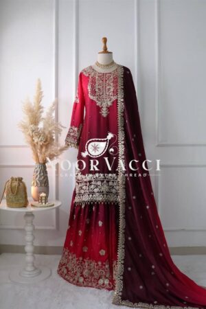Buy Pure Chinnon Silk Embroidered Coding Dori-Sequence Work Top-Plazzo-Dupatta Set – Fully Stitched