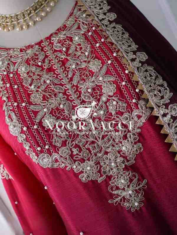 Pure Chinnon Silk Embroidered Coding Dori-Sequence Work Top-Plazzo-Dupatta Set – Fully Stitched - Image 5