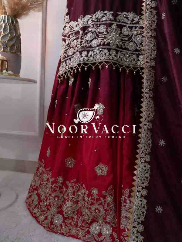 Pure Chinnon Silk Embroidered Coding Dori-Sequence Work Top-Plazzo-Dupatta Set – Fully Stitched - Image 6