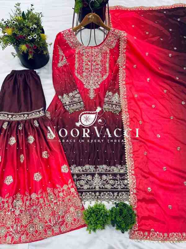 Pure Chinnon Silk Embroidered Coding Dori-Sequence Work Top-Plazzo-Dupatta Set – Fully Stitched - Image 7