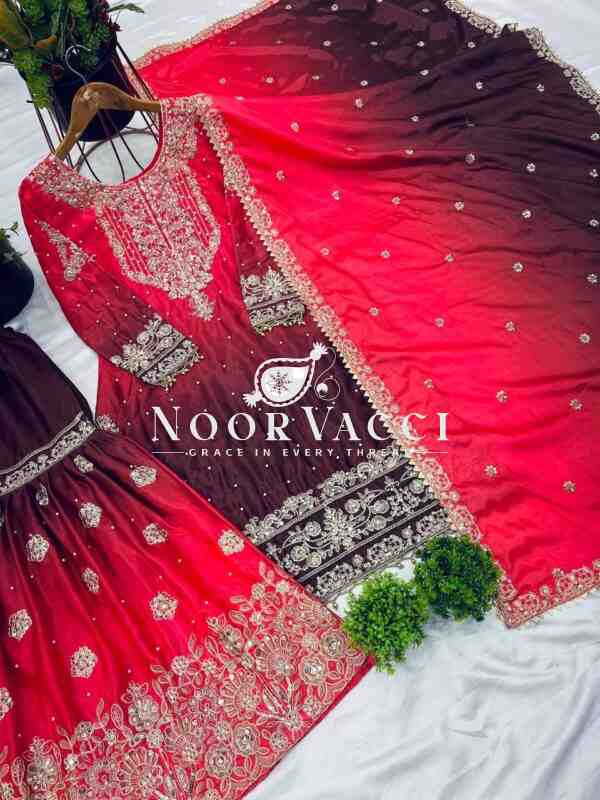 Pure Chinnon Silk Embroidered Coding Dori-Sequence Work Top-Plazzo-Dupatta Set – Fully Stitched - Image 4