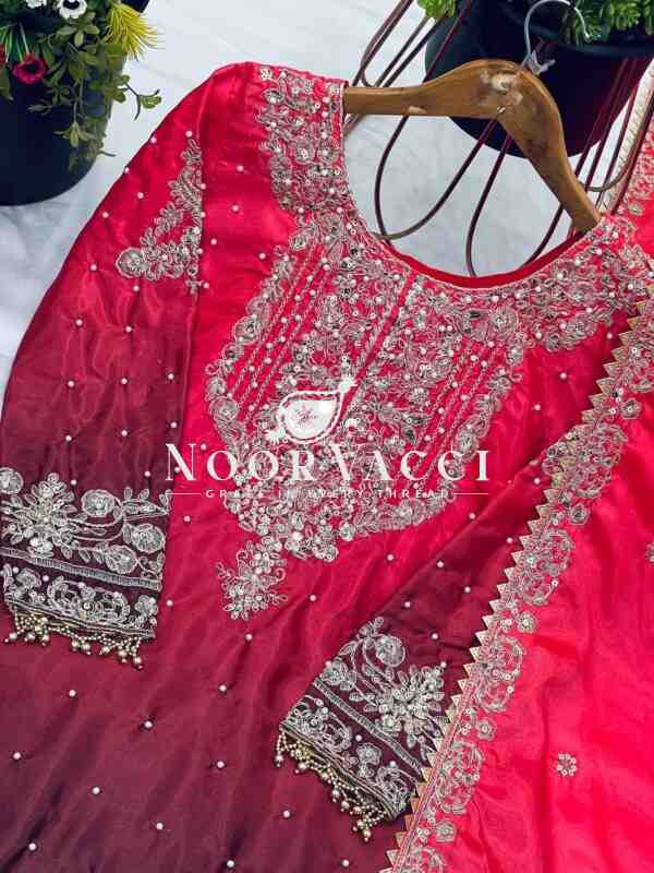 Pure Chinnon Silk Embroidered Coding Dori-Sequence Work Top-Plazzo-Dupatta Set – Fully Stitched - Image 3
