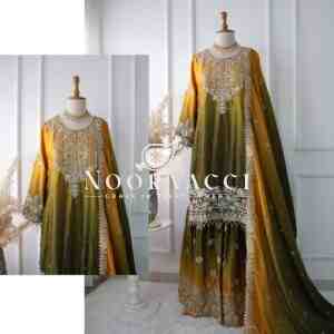 Pure Chinnon Silk Embroidered Coding Dori-Sequence Work Top-Plazzo-Dupatta Set – Fully Stitched