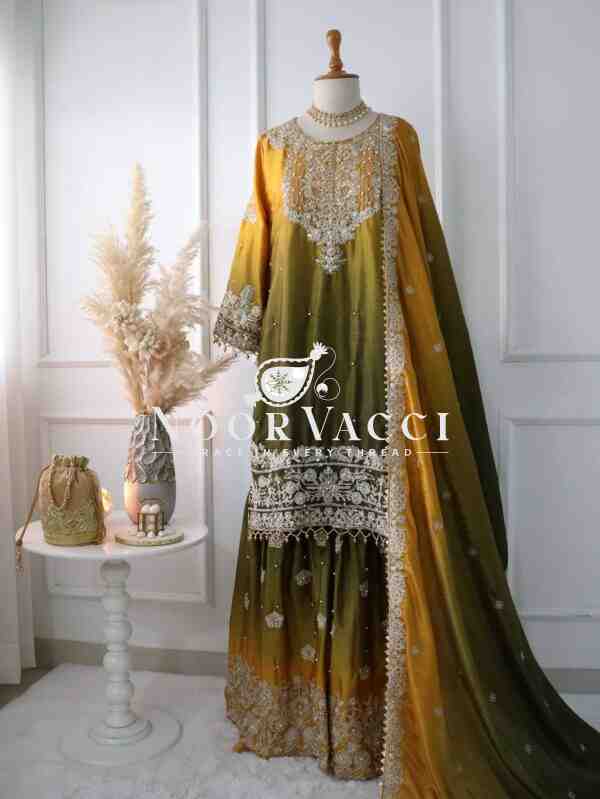 Pure Chinnon Silk Embroidered Coding Dori-Sequence Work Top-Plazzo-Dupatta Set – Fully Stitched - Image 3