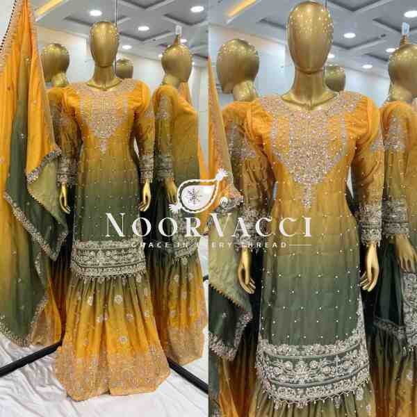 Pure Chinnon Silk Embroidered Coding Dori-Sequence Work Top-Plazzo-Dupatta Set – Fully Stitched - Image 2