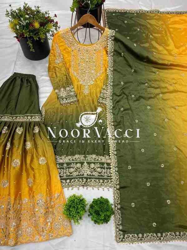 Pure Chinnon Silk Embroidered Coding Dori-Sequence Work Top-Plazzo-Dupatta Set – Fully Stitched - Image 6