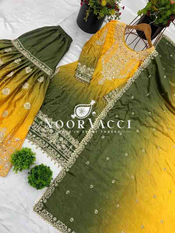 Pure Chinnon Silk Embroidered Coding Dori-Sequence Work Top-Plazzo-Dupatta Set – Fully Stitched - Image 7