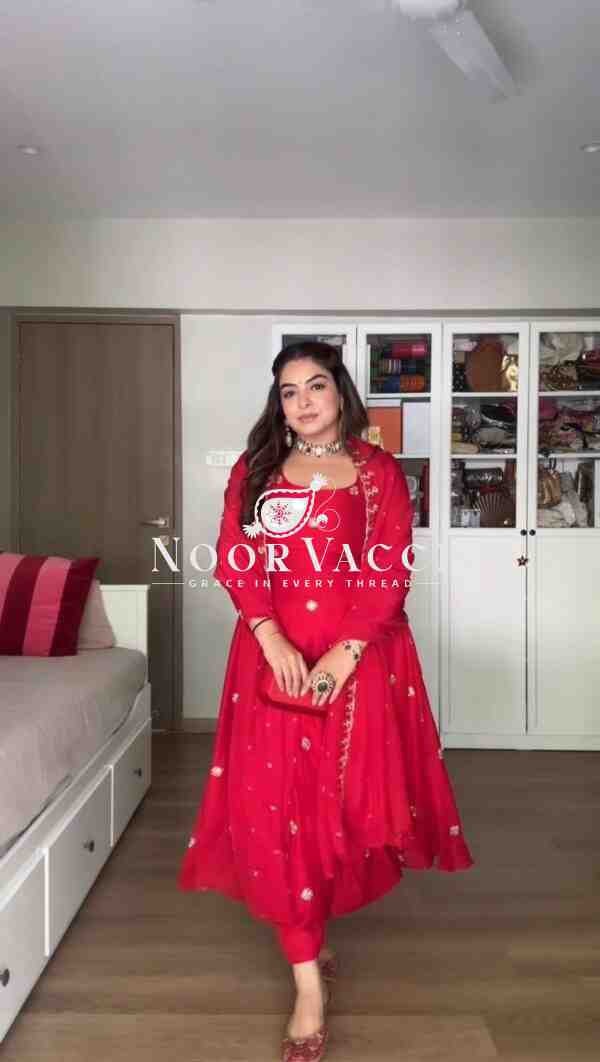 Faux Georgette Handworked Suit with Pant and Embellished Dupatta