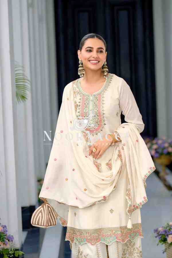 Heavy Chinon Silk Embroidered Top Sharara & Dupatta Set - Image 4