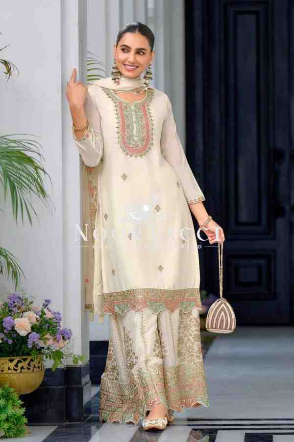 Heavy Chinon Silk Embroidered Top Sharara & Dupatta Set