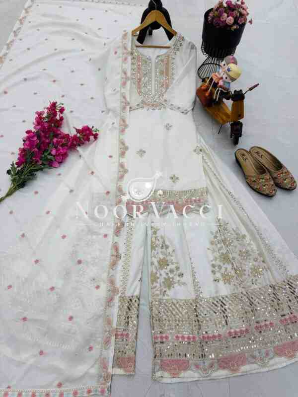 Heavy Chinon Silk Embroidered Top Sharara & Dupatta Set - Image 7