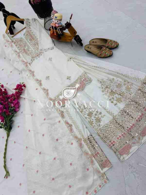 Heavy Chinon Silk Embroidered Top Sharara & Dupatta Set - Image 8