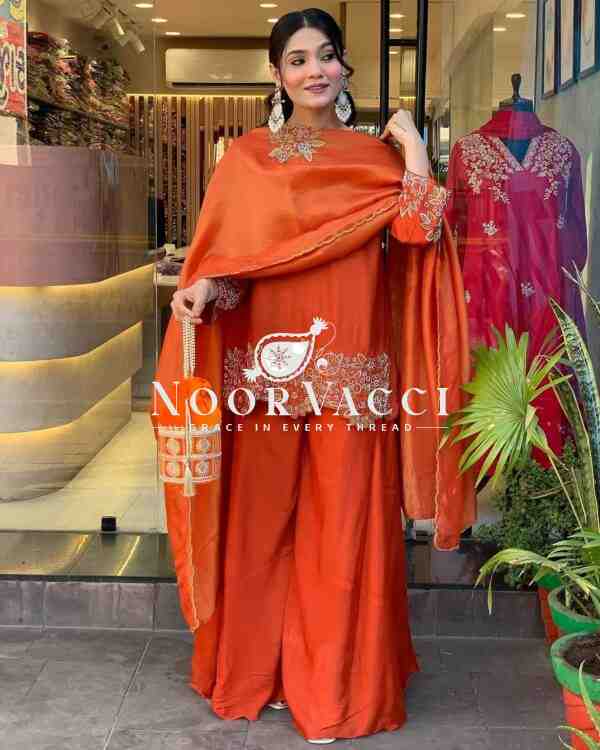 Heavy Faux Georgette Embroidered Sequence Work Top-Plazzo and Dupatta Set Fully Stitched - Image 6