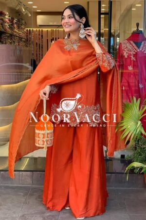 Shop Heavy Faux Georgette Embroidered Sequence Work Top-Plazzo and Dupatta Set Fully Stitched