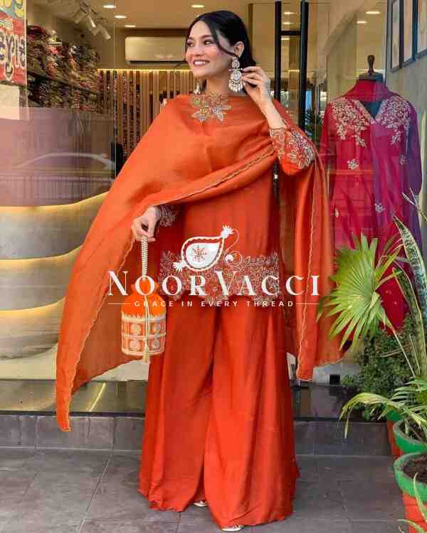 Heavy Faux Georgette Embroidered Sequence Work Top-Plazzo and Dupatta Set Fully Stitched