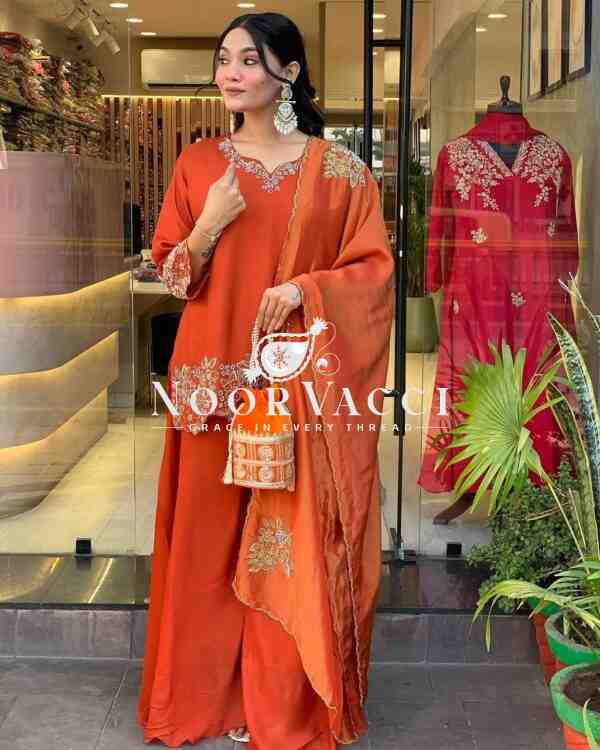 Heavy Faux Georgette Embroidered Sequence Work Top-Plazzo and Dupatta Set Fully Stitched - Image 4