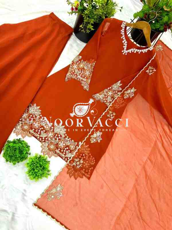 Heavy Faux Georgette Embroidered Sequence Work Top-Plazzo and Dupatta Set Fully Stitched - Image 8
