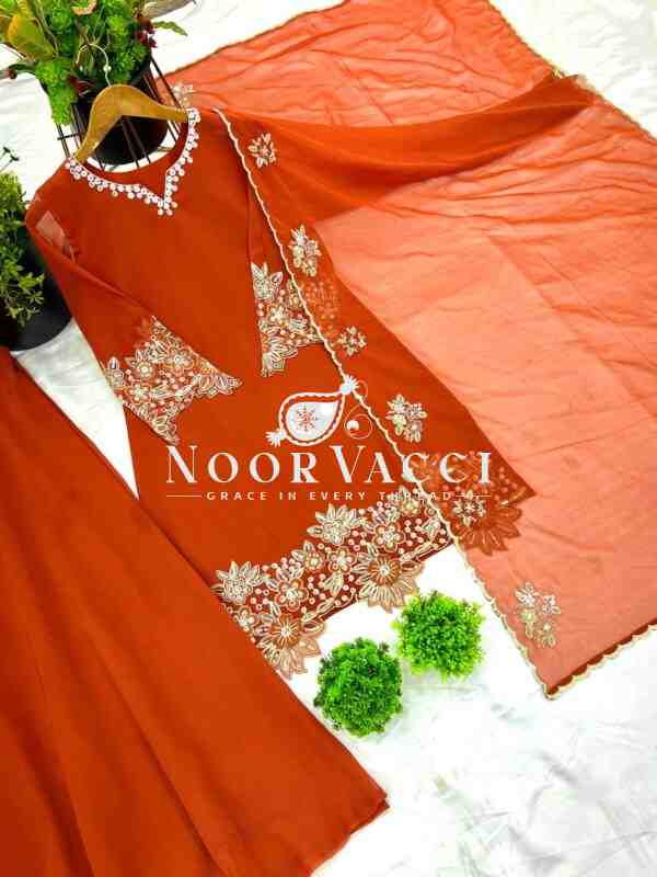 Heavy Faux Georgette Embroidered Sequence Work Top-Plazzo and Dupatta Set Fully Stitched - Image 9
